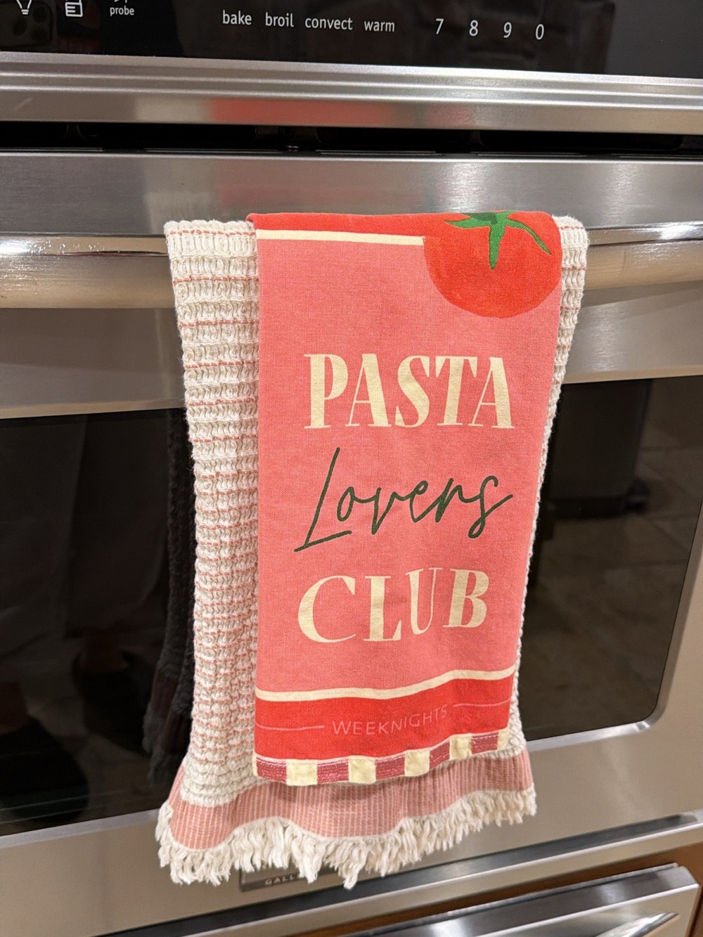 4 Anthropologie kitchen towels pink and navy fringe & Pasta Lovers Club